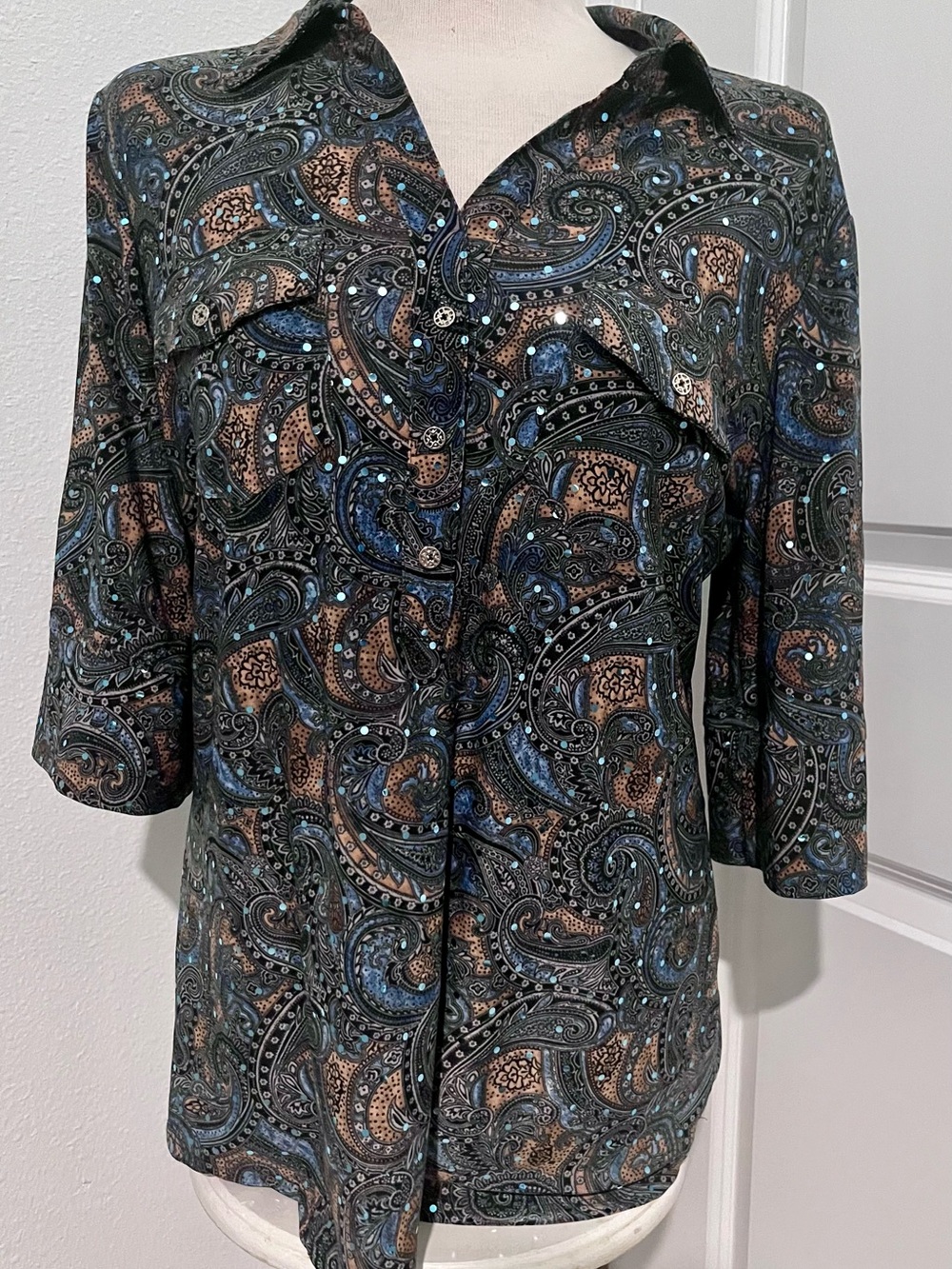 Women's Paisley Button-Down Shirt in Black, Blue & Brown with Sequins